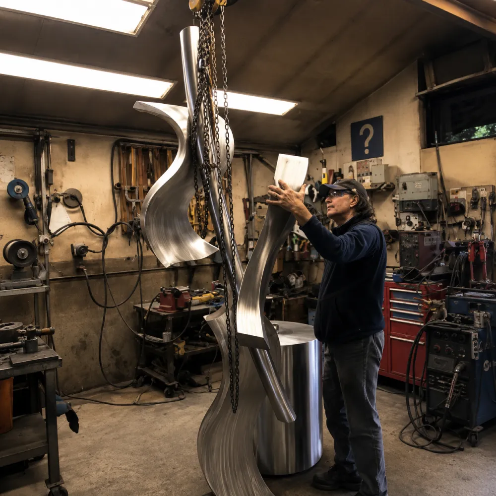 A sculptor working on a stainless steel sculpture in a workshop